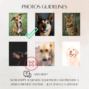 以下が含まれることがあります： 「PHOTOS GUIDELINES」のテキストとペットの写真例が掲載された画像。犬の画像には緑色のチェックマーク、別の犬の画像には赤いバツ印が付いています。「NEED HELP?」のテキストが画像の下にあります。