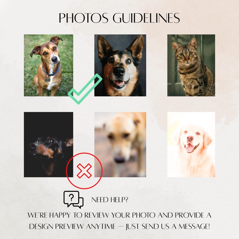 以下が含まれることがあります： 「PHOTOS GUIDELINES」のテキストとペットの写真例が掲載された画像。犬の画像には緑色のチェックマーク、別の犬の画像には赤いバツ印が付いています。「NEED HELP?」のテキストが画像の下にあります。