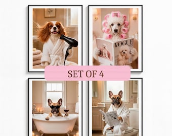 May include: A set of four framed wall art prints featuring dogs in bathroom settings. One dog uses a hair dryer, one wears pink hair rollers while reading Vogue, one wears sunglasses in a bathtub with wine, and one sits on a toilet reading a newspaper.