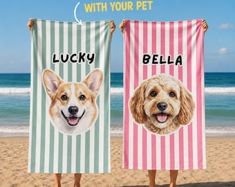 Personalisiertes Strandtuch für Hunde und Katzen, Personalisiertes Strandtuch für Hunde und Katzen, Cabana Stripe Pooltuch, schnell trocknendes Sommergeschenk für Tierliebhaber