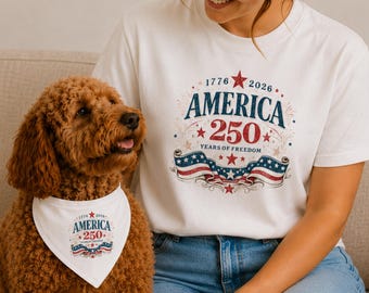 Set coordinato di maglietta e bandana per cani, maglietta per il 250° anniversario degli Stati Uniti, maglietta per la famiglia del 4 luglio, maglietta per il Giorno dell'Indipendenza, costume patriottico per animali domestici.