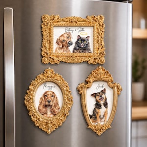 May include: Three ornate gold-colored picture frame magnets featuring pet portraits. The top rectangular frame shows a dog and cat with the text "Brittany & Stella". The bottom left oval frame shows a spaniel labeled "Maggie". The bottom right shield-shaped frame shows a dog labeled "Jack".