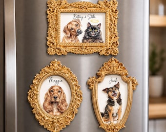 May include: Three ornate gold-colored picture frame magnets featuring pet portraits. The top rectangular frame shows a dog and cat with the text "Brittany & Stella". The bottom left oval frame shows a spaniel labeled "Maggie". The bottom right shield-shaped frame shows a dog labeled "Jack".
