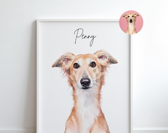 May include: A framed wall art print featuring a watercolor illustration of a tan and white dog with the name Penny written in black script above the dog. A small circular inset in the top right corner shows a photograph of the same dog.