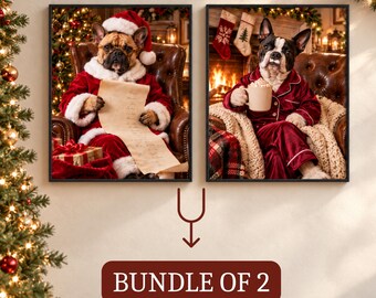 May include: A bundle of two framed wall art prints featuring dogs in holiday attire. One print shows a dog in a Santa suit holding a list, and the other shows a dog in red pajamas holding a mug. Text reads UPLOAD YOUR PET'S PHOTO and BUNDLE OF 2.