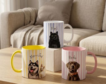 May include: Three ceramic mugs with pet portraits. One mug has a black cat and the name "Maple", another has a husky and a cat with the name "Max + Jack", and the third has a dog named "Rockie". Each mug has vertical stripes.