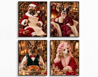 May include: Four framed prints featuring dogs in holiday settings. Top left: a French Bulldog as Santa with a list. Top right: a French Bulldog in pajamas with a mug. Bottom left: a German Shepherd in a vest with dinner. Bottom right: a Poodle in a robe with hair rollers.