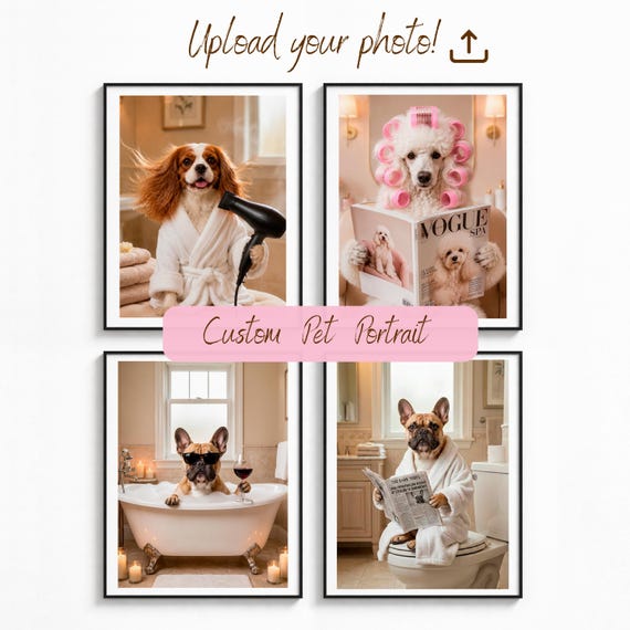 Custom Funny Pet Portrait from Photo, Spa Bathroom Decor, Humorous Bathroom Scene, Dog Reading Newspaper on Toilet, Wall Art Gift, Pet Lover
