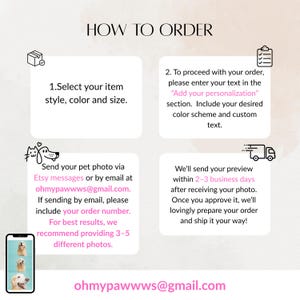 Puede incluir: Gr&aacute;fico instructivo que detalla el proceso de pedido de un producto personalizado para mascotas. Describe los pasos, como seleccionar el estilo, color y tama&ntilde;o del art&iacute;culo, agregar personalizaci&oacute;n, enviar una foto de la mascota y previsualizar el dise&ntilde;o. Se proporciona la direcci&oacute;n de correo electr&oacute;nico ohmypawwws@gmail.com.