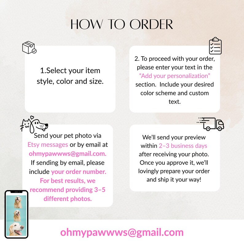 Puede incluir: Gr&aacute;fico instructivo que detalla el proceso de pedido de un producto personalizado para mascotas. Describe los pasos, como seleccionar el estilo, color y tama&ntilde;o del art&iacute;culo, agregar personalizaci&oacute;n, enviar una foto de la mascota y previsualizar el dise&ntilde;o. Se proporciona la direcci&oacute;n de correo electr&oacute;nico ohmypawwws@gmail.com.