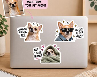 May include: Three custom vinyl stickers featuring a tan and white chihuahua on a laptop. One sticker shows the dog with the text CURRENTLY JUDGING YOU, another with sunglasses and a denim jacket saying TOO COOL FOR YOUR DRAMA, and one wrapped in a blanket saying NOT TODAY, HUMAN.