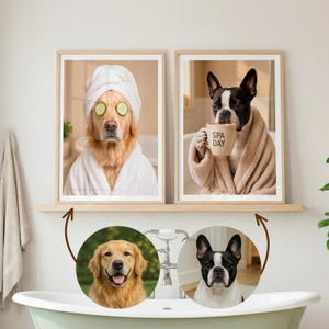 Puede incluir: Dos impresiones enmarcadas que muestran perros en un spa. Una muestra un Golden Retriever con rodajas de pepino en los ojos, con una bata y una toalla. La otra representa un Boston Terrier envuelto en una toalla, sosteniendo una taza que dice "SPA DAY".