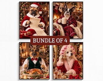May include: A bundle of four framed prints featuring dogs in holiday settings. One dog wears a Santa suit, one wears pajamas with a mug, one wears a formal vest with a turkey dinner, and one wears a pink robe with hair rollers. Text reads UPLOAD YOUR PET'S PHOTO and BUNDLE OF 4.