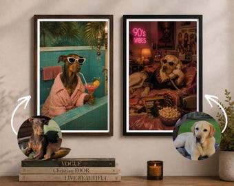 Puede incluir: Dos cuadros de pared con perros en escenas humanas. La imagen izquierda muestra un Doberman con bata rosa y gafas de sol en un baño con un cóctel. La imagen derecha muestra un Labrador sobre una cama con un teléfono y decoración de los 90.