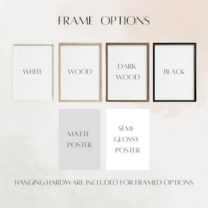 Puede incluir: Imagen que muestra opciones de marcos y p&oacute;steres. Los marcos est&aacute;n disponibles en blanco, madera, madera oscura y negro. Las opciones de p&oacute;ster incluyen mate y semibrillo. El texto dice "FRAME OPTIONS" y "HANGING HARDWARE INCLUDED FOR FRAMED OPTIONS."