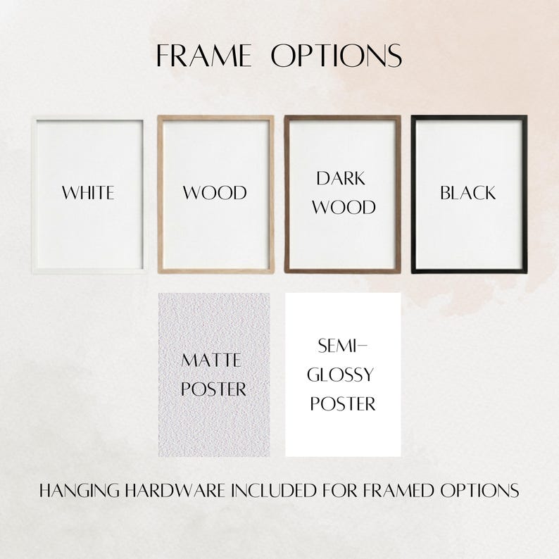 Puede incluir: Imagen que muestra opciones de marcos y p&oacute;steres. Los marcos est&aacute;n disponibles en blanco, madera, madera oscura y negro. Las opciones de p&oacute;ster incluyen mate y semibrillo. El texto dice "FRAME OPTIONS" y "HANGING HARDWARE INCLUDED FOR FRAMED OPTIONS."