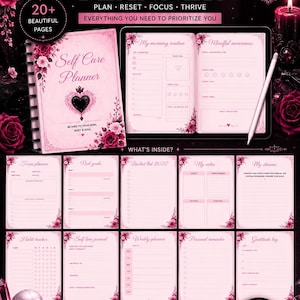 Peut inclure: Un planificateur de soins personnels numérique rose avec des accents floraux et le texte "Self Care Planner". L'image comprend des pages pour la planification, la définition d'objectifs et la pleine conscience, avec les mots "Plan, Reset, Focus, Thrive".