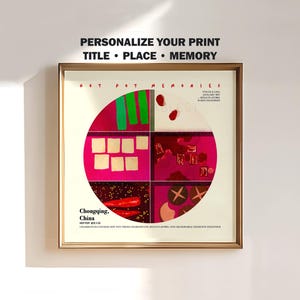 Può includere: Una stampa artistica da parete quadrata con cornice intitolata HOT POT MEMORIES, caratterizzata da un grafico circolare diviso in sei sezioni che mostra illustrazioni di vari alimenti, tra cui verdure verdi, tofu, peperoncini rossi e funghi su sfondo crema.