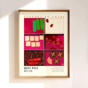 Puede incluir: Una lámina de arte mural enmarcada titulada Flavors of China Hot Pot. El póster presenta una cuadrícula de seis ilustraciones que representan varios ingredientes alimentarios, como verduras verdes, chiles rojos, setas y tofu.