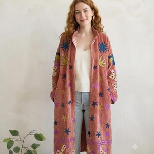 Embroidered Duster Jacket for Women, Pink Floral Boho Coat, Long Velvet Jacket, Colorful Embroidered Outerwear, Hippie Statement Coat