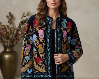 Giacca blu navy ricamata da donna, giacca boho floreale colorata, giacca etnica in velluto, cappotto vintage con ricami folk, capospalla di tendenza