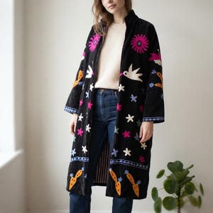 Black Long Duster Coat for Women, Colorful Star Print Jacket, Boho Open Front Kimono Coat, Artistic Statement Outerwear