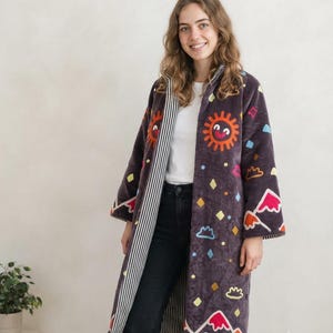Purple Long Duster Coat for Women, Colorful Abstract Print Jacket, Boho Open Front Kimono, Artistic Statement Outerwear