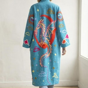 Turquoise Blue Long Duster Coat for Women, Colorful Abstract Print Jacket, Boho Open Front Kimono, Artistic Statement Outerwear