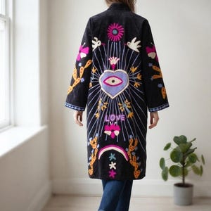Black Long Duster Coat for Women, Colorful Star Print Jacket, Boho Open Front Kimono Coat, Artistic Statement Outerwear