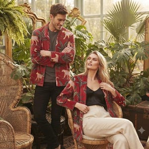 May include: A red blazer featuring a repeating pattern of cheetahs and palm leaves. The blazer has long sleeves, a notched lapel, and a straight hem. It is worn over a dark grey t-shirt with black trousers or a black camisole with cream trousers.