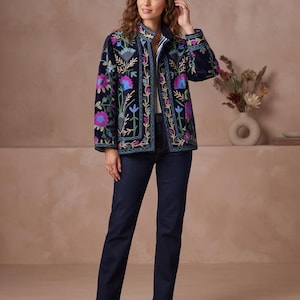 Navy Blue Floral Embroidered Jacket for Women, Colorful Botanical Velvet Coat, Pink Wildflower Embroidery, Vintage Boho Statement Outerwear