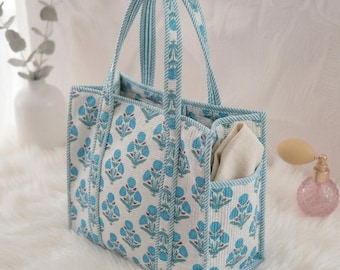 Blue Floral Block Print Quilted Cotton Tote Bag – Handmade Shoulder Market Travel Bag