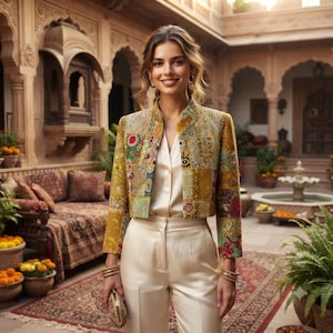 Può includere: Una giacca corta caratterizzata da un design patchwork multicolore con intricati motivi floreali e geometrici nei toni dell'oro, del verde e del rosso. La giacca è indossata sopra una camicia color crema e pantaloni color crema abbinati.