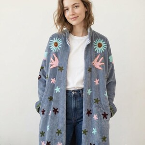Embroidered Duster Jacket for Women, Floral Bird Embroidery Coat, Blue Long Jacket, Boho Hippie Outerwear, Botanical Statement Coat