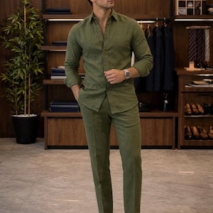 Men’s Olive Green Shirt and Trousers Set - Matching Button Up Shirt and Pants, Smart Casual Outfit, Minimalist Summer Menswear