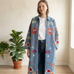 Women’s Blue Embroidered Long Kimono Jacket, Colorful Sun Print Duster Coat, Open Front Boho Cardigan, Artistic Statement Outerwear