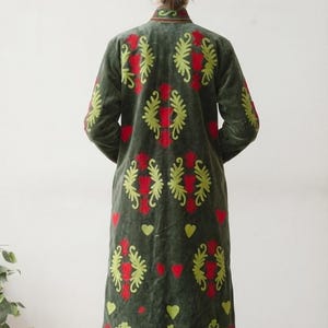Embroidered Duster Coat for Women, Olive Green Floral Jacket, Long Boho Coat, Botanical Embroidered Outerwear, Vintage Statement Jacket