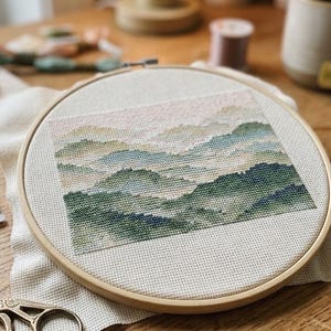May include: A round wooden embroidery hoop containing a cross-stitch project of a mountain landscape in shades of green, blue, and soft pink. Beside the hoop are small spools of embroidery thread in various colors and a pair of metal stork scissors.