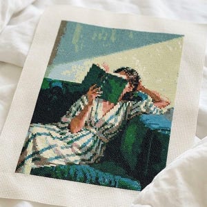 Kruissteekpatroon lezen vrouw, pdf boekenliefhebber, digitale kaart Cosy Reader