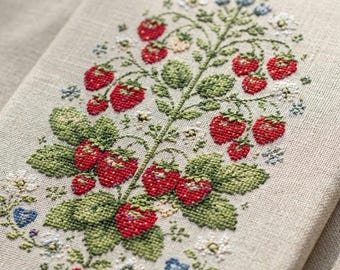 イチゴのクロスステッチパターン、フルーツの刺繍デザイン、かわいい家