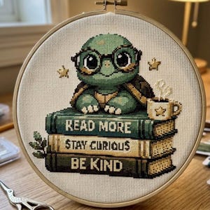 May include: A cross-stitch embroidery in a circular wooden hoop featuring a green turtle wearing black glasses, resting on a stack of three books. The books are labeled with the text READ MORE, STAY CURIOUS, and BE KIND, accompanied by a small mug.