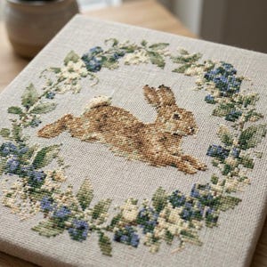 以下が含まれることがあります： 中央に茶色のウサギが跳ねているクロスステッチ刺繍が施された、正方形の明るいベージュ色の布。ウサギは、小さな青い花、緑の葉、白い花のアクセントで構成された円形のリースに囲まれています。