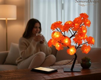 Chrysanthemum LED Tree Lamp USB Powered, Orange Blossom Light Tree, Warm Cozy Night Light, Aesthetic Bedroom Gift Desk Lamp, Autumn Decor