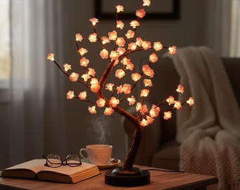 Cherry Blossom Tree Lamp, LED Bonsai Light, Romantic Pink Flower Lamp, USB or Battery Table Light, Bedroom Cozy Decor