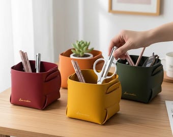 Minimalist Desk Organiser, PU Leather Storage Box, Modern Office Pencil Holder, Small Desktop Storage, Aesthetic Desk Accessories