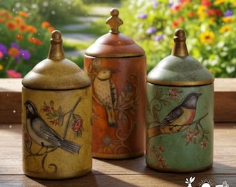 Barattolo vintage per alimenti con uccelli, contenitore da cucina in ceramica, contenitore decorativo per alimenti, arredamento retrò per la casa, barattolo per caffè, tè e zucchero
