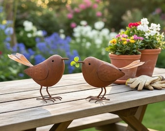 Lot de 2 sculptures de jardin d'oiseaux en métal, décoration d'oiseau en fer rustique, ornements de jardin extérieur, oeuvre d'art dans la cour, cadeau pour amateur d'oiseaux
