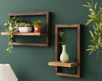 Set of 2 Wooden Wall Shelves, Floating Frame Shelf, Rustic Wall Storage, Modern Minimalist Display Shelf, Living Room Bedroom Decor