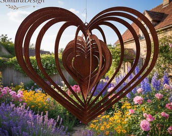 Rustic Metal Heart Wind Spinner, 3D Heart Garden Decor, Outdoor Hanging Wind Spinner, Romantic Garden Ornament, Valentine Gift