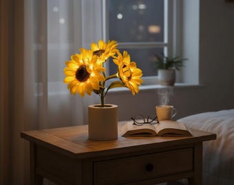 Sunflower Night Light Lamp, Cozy Bedroom Bedside Light, Aesthetic Desk Decor, Cute Gift for Her, Warm LED Rechargeable Lamp